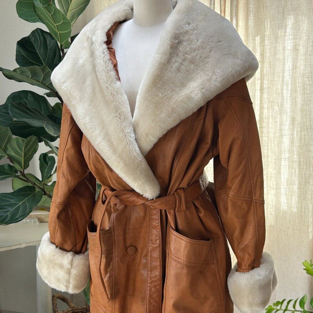 Penny Lane Shearling Trim Leather Coat Boho 70s Revival Oversized L Wilsons - Picture 6 of 16